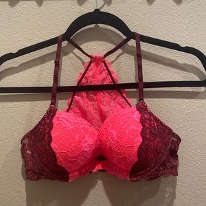 VS PINK pink and burgundy lace racerback push up bra 34B